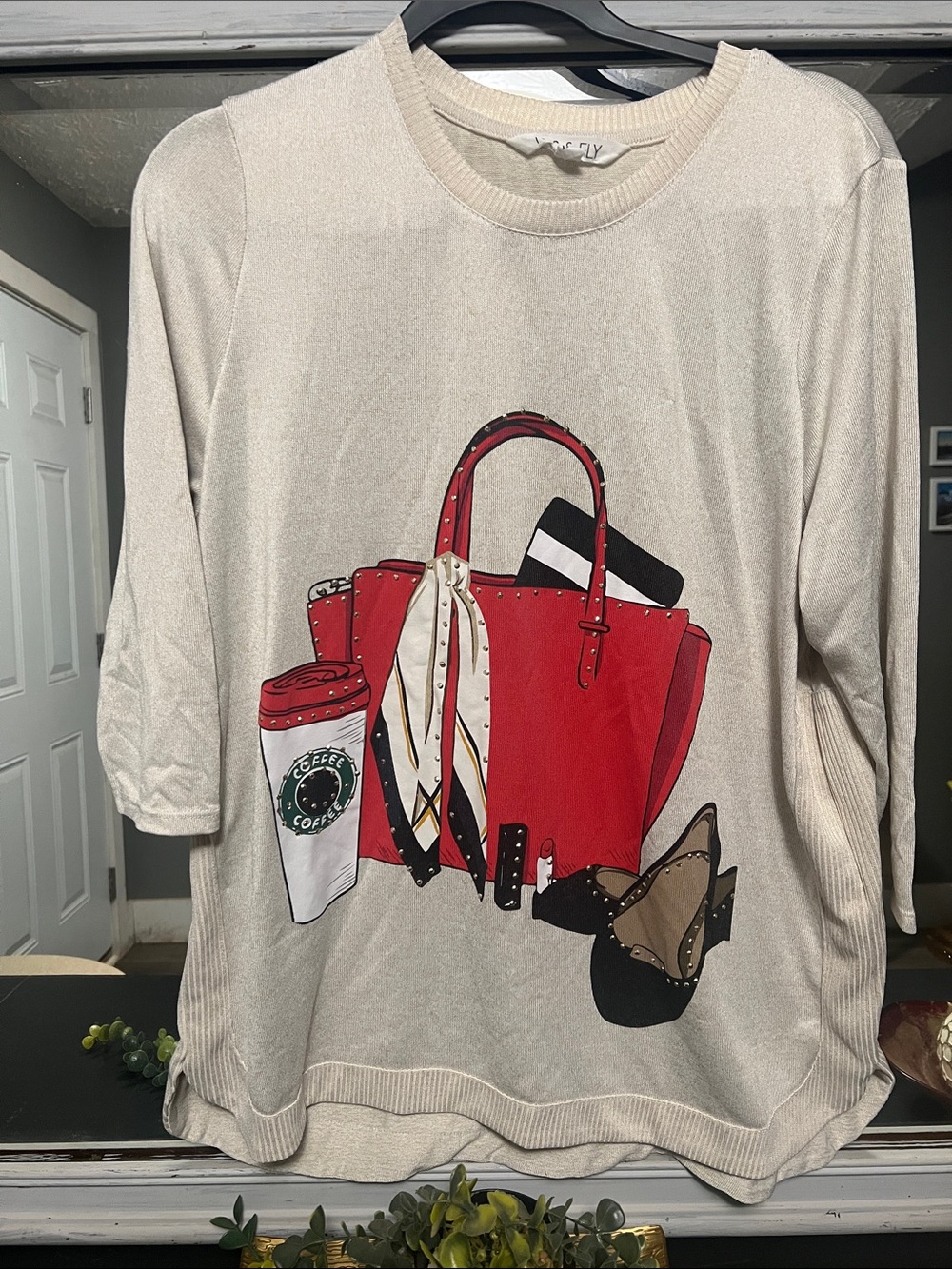 Coffee/ Fashionable Bling Women’s Top with Bag Print